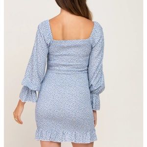 Pink Blush Light Blue Ditsy Floral Smocked Long Sleeve Maternity Mini Dress